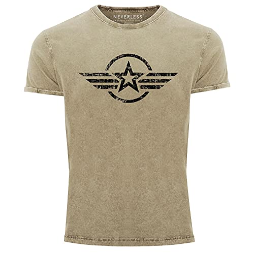 Neverless® Herren Vintage Shirt Airforce Stern Army Military Aufdruck Printshirt T-Shirt Aufdruck Used Look Slim Fit Natur M von Neverless