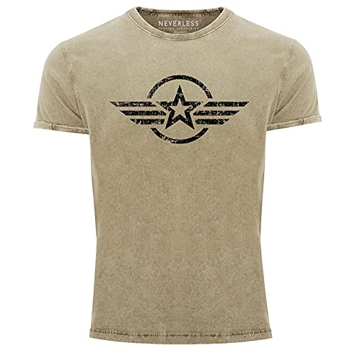 Neverless® Herren Vintage Shirt Airforce Stern Army Military Aufdruck Printshirt T-Shirt Aufdruck Used Look Slim Fit Natur XXL von Neverless