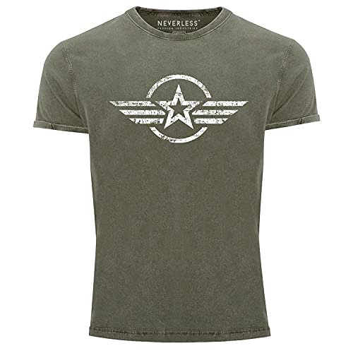 Neverless® Herren Vintage Shirt Airforce Stern Army Military Aufdruck Printshirt T-Shirt Aufdruck Used Look Slim Fit Oliv 3XL von Neverless