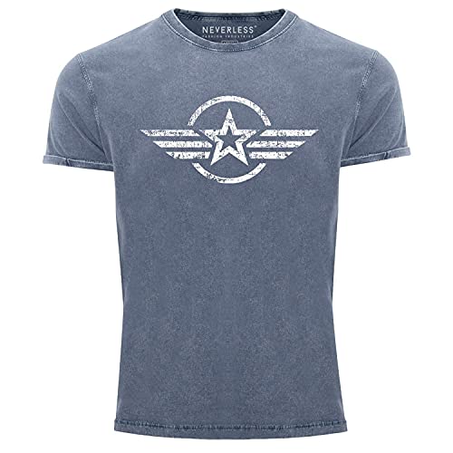 Neverless® Herren Vintage Shirt Airforce Stern Army Military Aufdruck Printshirt T-Shirt Aufdruck Used Look Slim Fit blau XL von Neverless