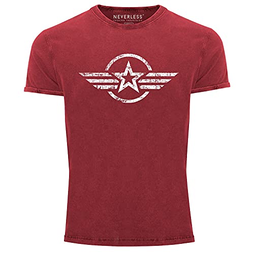 Neverless® Herren Vintage Shirt Airforce Stern Army Military Aufdruck Printshirt T-Shirt Aufdruck Used Look Slim Fit rot L von Neverless