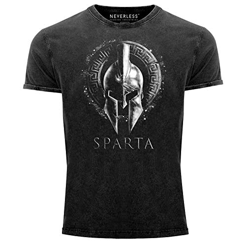 Neverless® Herren Vintage Shirt Aufdruck Sparta Helm Krieger Warrior Printshirt T-Shirt Used Look Slim Fit Schwarz schwarz M von Neverless