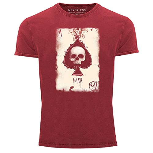 Neverless® Herren Vintage-Shirt Bedruckt Totenkopf Skull Spielkarte Pik Ass Kartenspiel Printshirt Used Look rot L von Neverless