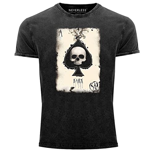 Neverless® Herren Vintage-Shirt Bedruckt Totenkopf Skull Spielkarte Pik Ass Kartenspiel Printshirt Used Look schwarz 3XL von Neverless