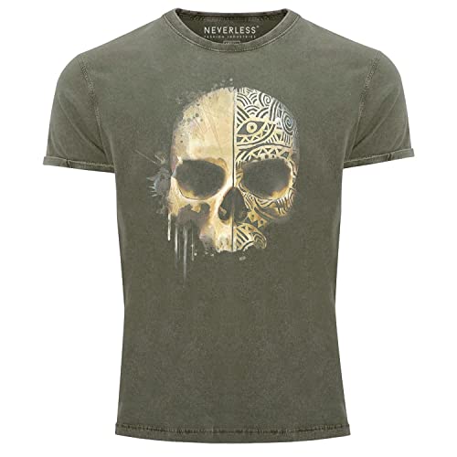 Neverless® Herren Vintage Shirt Bedruckt Totenkopf Totenschädel Skull Tattoo Tribal Printshirt T-Shirt Aufdruck Used Look Oliv S von Neverless