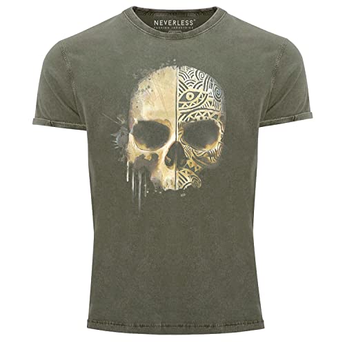 Neverless® Herren Vintage Shirt Bedruckt Totenkopf Totenschädel Skull Tattoo Tribal Printshirt T-Shirt Aufdruck Used Look Oliv XXL von Neverless