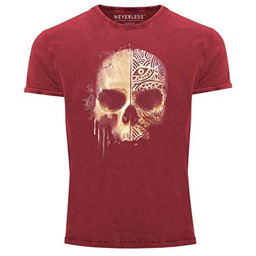 Neverless® Herren Vintage Shirt Bedruckt Totenkopf Totenschädel Skull Tattoo Tribal Printshirt T-Shirt Aufdruck Used Look rot M von Neverless