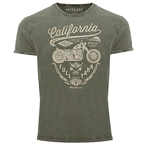 Neverless® Herren Vintage Shirt Biker Motorrad Schriftzug California Full Tank Used Look Slim Fit Oliv M von Neverless