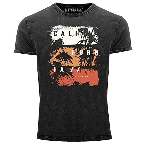 Neverless® Herren Vintage Shirt California Schriftzug Palmen Printshirt T-Shirt Aufdruck Used Look Slim Fit schwarz XXL von Neverless