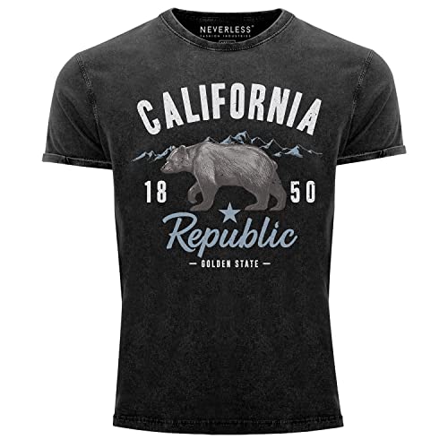 Neverless® Herren Vintage Shirt California Sommer Summer Golden State USA Bär Bear Printshirt T-Shirt Aufdruck Used Look schwarz-Weiss XL von Neverless