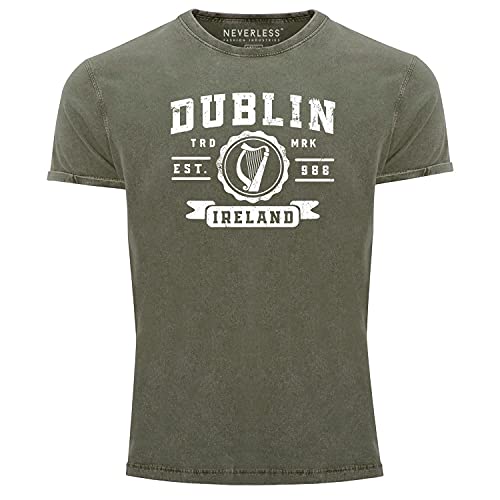 Neverless® Herren Vintage Shirt Dublin Irland Retro Design Aufdruck Schrift Printshirt T-Shirt Aufdruck Used Look Oliv L von Neverless