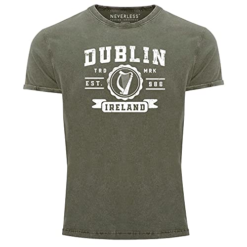 Neverless® Herren Vintage Shirt Dublin Irland Retro Design Aufdruck Schrift Printshirt T-Shirt Aufdruck Used Look Oliv M von Neverless