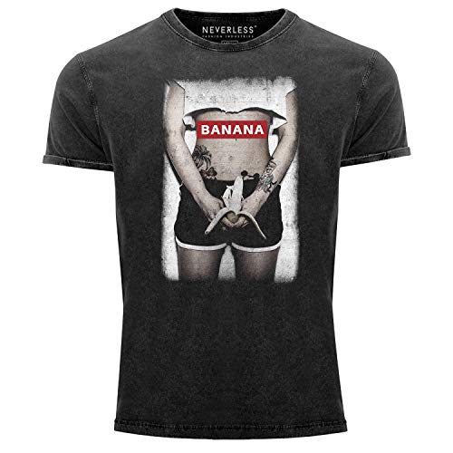 Neverless® Herren Vintage Shirt Fotopint Banana Aufdruck Printshirt Tattoo Girl T-Shirt Used Look Slim Fit schwarz XL von Neverless