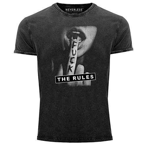 Neverless® Herren Vintage Shirt Fuck The Rules Fotoprint Mittelfinger Printshirt T-Shirt Aufdruck Used Look Slim Fit schwarz L von Neverless