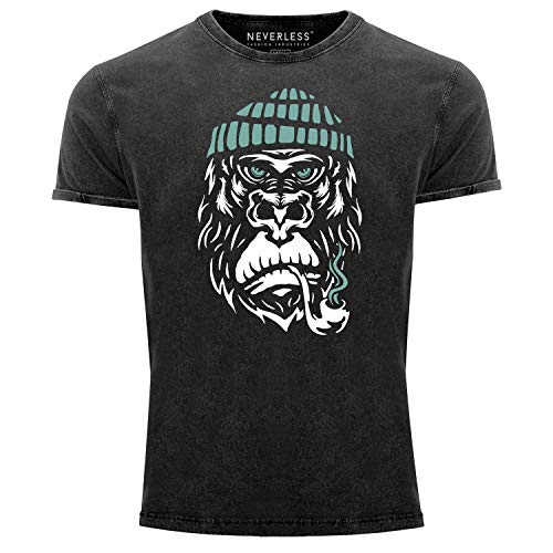 Neverless® Herren Vintage Shirt Gorilla AFFE Monkey Captain Sailor Seemann Printshirt T-Shirt Aufdruck Used Look schwarz XL von Neverless