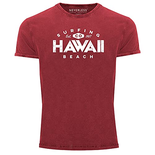 Neverless® Herren Vintage Shirt Hawaii Surfing Sommer Sonne Strand Beach Printshirt T-Shirt Aufdruck Used Look rot M von Neverless