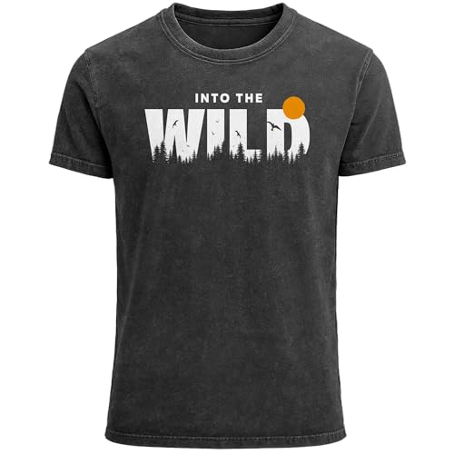 Neverless® Herren Vintage Shirt Into The Wild Printshirt Grafikshirt Outdoor Abenteuer Aufdruck Used Look Schwarz M von Neverless