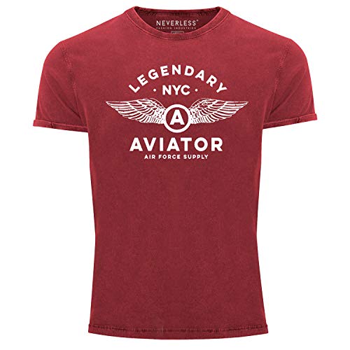 Neverless® Herren Vintage Shirt Legendary NYC Aviator Air Force Luftwaffe Flügel Printshirt Used Look Slim Fit rot L von Neverless