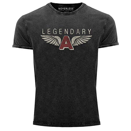 Neverless® Herren Vintage Shirt Legendary Wings A Flügel Airforce Pilot Flieger Printshirt Used Look Slim Fit schwarz M von Neverless