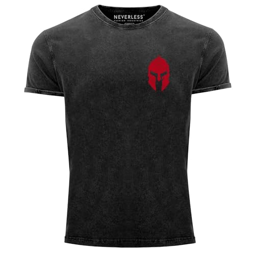 Neverless® Herren Vintage Shirt Logo Print Sparta-Helm Spartaner Gladiator Krieger Warrior Fashion Gym Streetstyle schwarz/rot XXL von Neverless