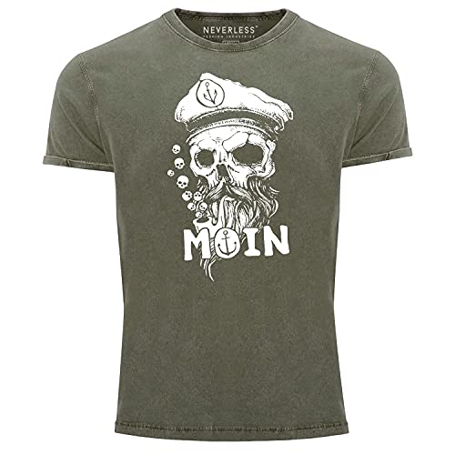 Neverless® Herren Vintage Shirt Moin Kapitän Totenkopf Anker Bart Hamburg Printshirt T-Shirt Aufdruck Used Look Oliv 3XL von Neverless