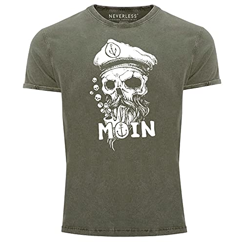 Neverless® Herren Vintage Shirt Moin Kapitän Totenkopf Anker Bart Hamburg Printshirt T-Shirt Aufdruck Used Look Oliv L von Neverless