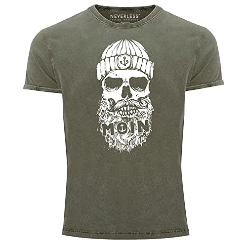 Neverless® Herren Vintage Shirt Moin Totenkopf Anker Skull Printshirt T-Shirt Aufdruck Used Look Slim Fit Oliv 3XL von Neverless