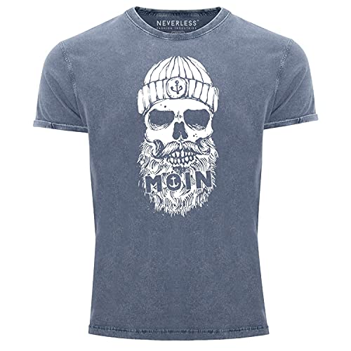 Neverless® Herren Vintage Shirt Moin Totenkopf Anker Skull Printshirt T-Shirt Aufdruck Used Look Slim Fit blau S von Neverless