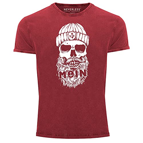 Neverless® Herren Vintage Shirt Moin Totenkopf Anker Skull Printshirt T-Shirt Aufdruck Used Look Slim Fit rot L von Neverless