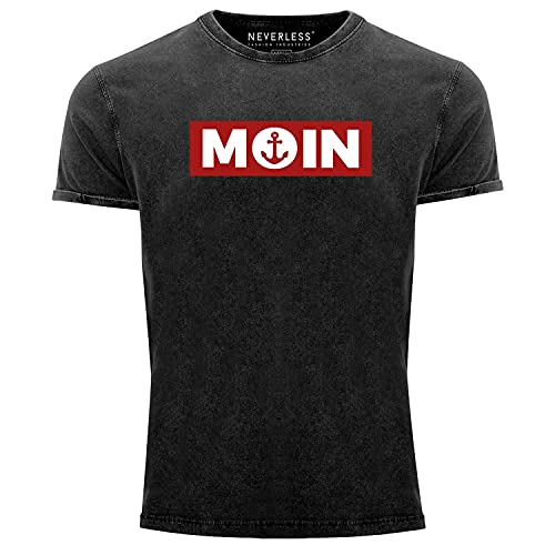 Neverless® Herren Vintage Shirt Moin norddeutsch Morgen Anker Printshirt T-Shirt Aufdruck Used Look Slim Fit schwarz XL von Neverless