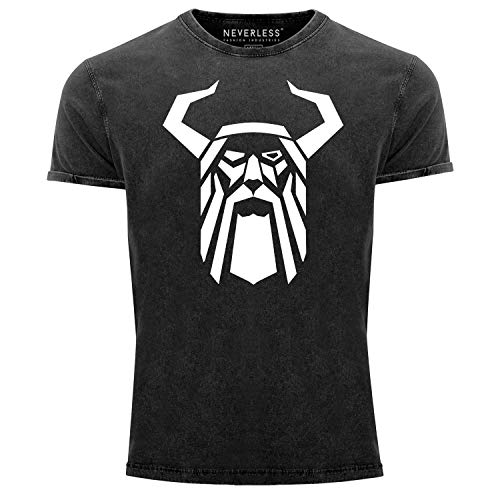 Neverless® Herren Vintage Shirt Odin Helm Krieger Valhalla Printshirt T-Shirt Aufdruck Used Look Slim Fit schwarz XXL von Neverless