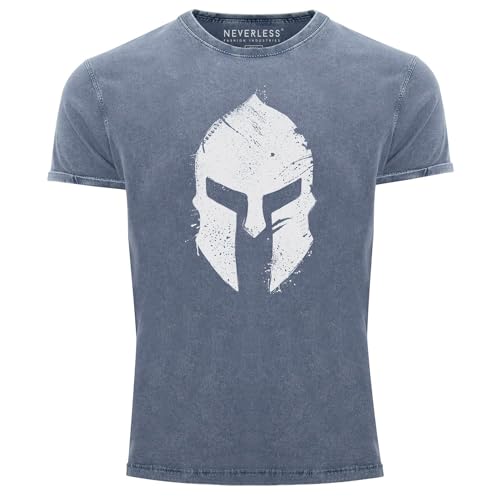 Neverless® Herren Vintage Shirt Print Sparta-Helm Aufdruck Gladiator Krieger Warrior Spartaner Fashion Streetstyle blau M von Neverless