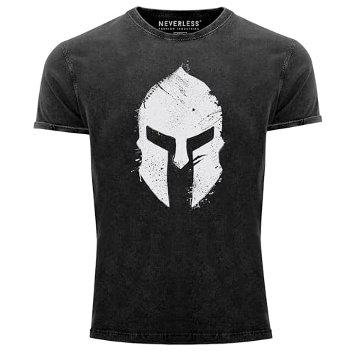 Neverless® Herren Vintage Shirt Print Sparta-Helm Aufdruck Gladiator Krieger Warrior Spartaner Fashion Streetstyle schwarz -Weiss XL von Neverless