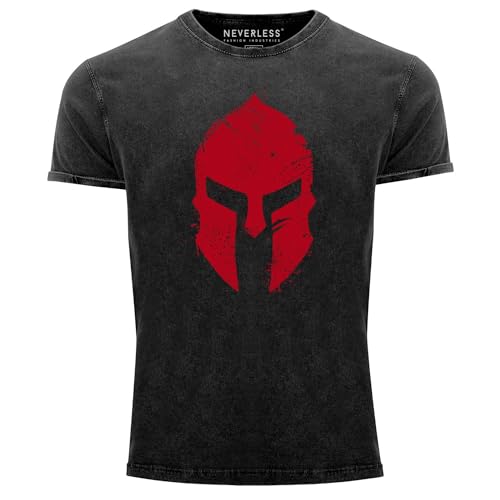 Neverless® Herren Vintage Shirt Print Sparta-Helm Aufdruck Gladiator Krieger Warrior Spartaner Fashion Streetstyle schwarz-rot M von Neverless