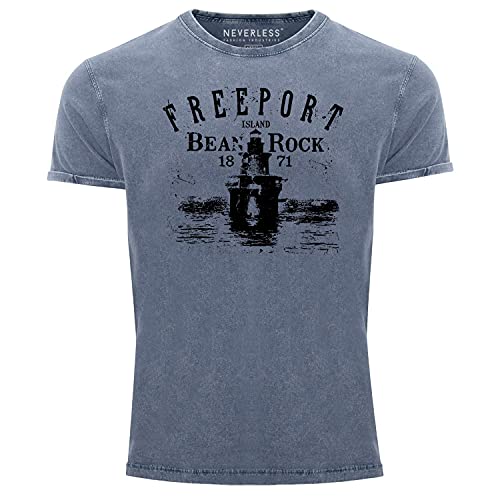 Neverless® Herren Vintage Shirt Retro Print Leuchturm Schriftzug Freeport Island blau 3XL von Neverless