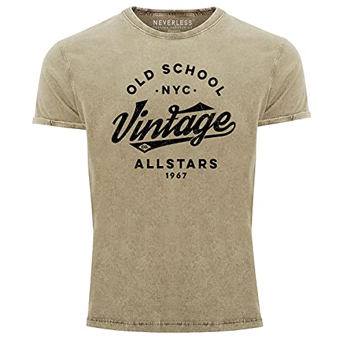 Neverless® Herren Vintage Shirt Retro Schriftzug Allstars Old School NYC Design Printshirt Used Look Slim Fit Natur L von Neverless