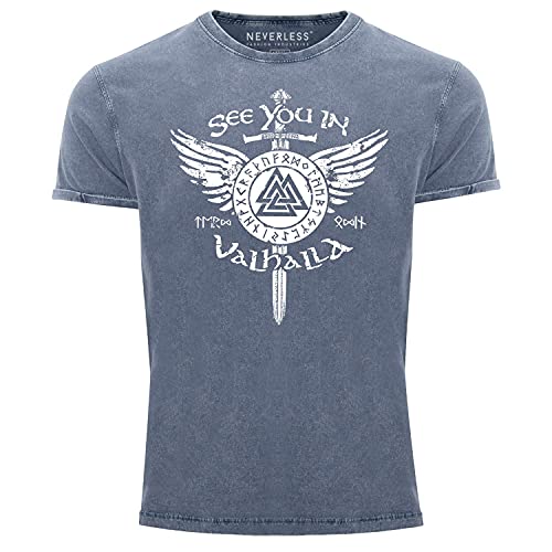Neverless® Herren Vintage Shirt See You in Valhalla Schwert Runen Odin Vikings Printshirt T-Shirt Aufdruck blau M von Neverless