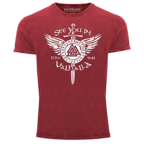 Neverless® Herren Vintage Shirt See You in Valhalla Schwert Runen Odin Vikings Printshirt T-Shirt Aufdruck rot M von Neverless