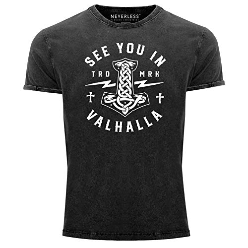 Neverless® Herren Vintage Shirt See You in Valhalla Valknut Mjölnir Thor Hammer Printshirt T-Shirt Aufdruck Used Look schwarz L von Neverless