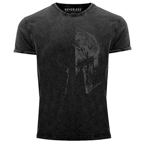 Neverless® Herren Vintage Shirt Sparta-Helm Spartaner Helmet Printshirt T-Shirt Aufdruck Used Look Slim Fit schwarz M von Neverless