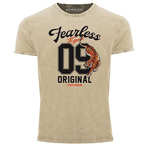 Neverless® Herren Vintage Shirt Tiger Aufschrift Fearless Original Sport College Trikot Printshirt Used Look Natur XL von Neverless