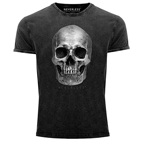 Neverless® Herren Vintage Shirt Totenkopf Skull Totenschädel Aufdruck Print Motiv Fashion Streetstyle Used Look schwarz L von Neverless