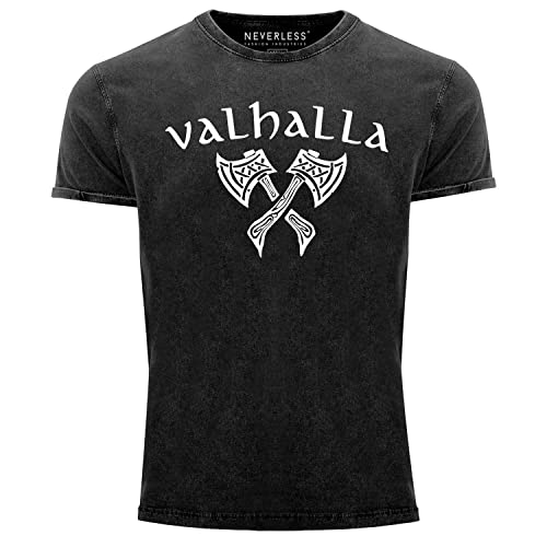 Neverless® Herren Vintage Shirt Valhalla Axt nordische Mythologie Wikinger Krieger Printshirt T-Shirt Aufdruck schwarz L von Neverless