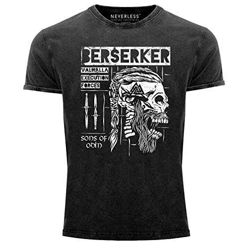 Neverless® Herren Vintage Shirt Valhalla Berserker Ragnar Lodbrok Sons of Odin Totenkopf Printshirt T-Shirt Aufdruck schwarz L von Neverless