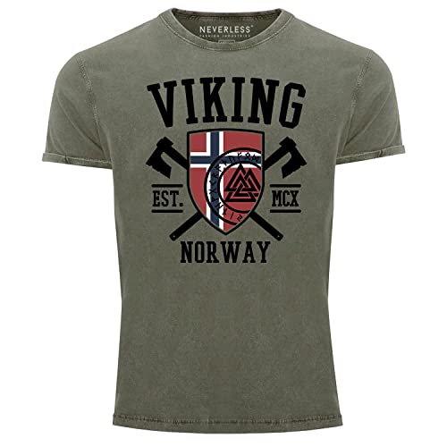 Neverless® Herren Vintage Shirt Viking Norway Norwegen Flagge Wikinger nordisch Printshirt T-Shirt Aufdruck Used Look Oliv 3XL von Neverless