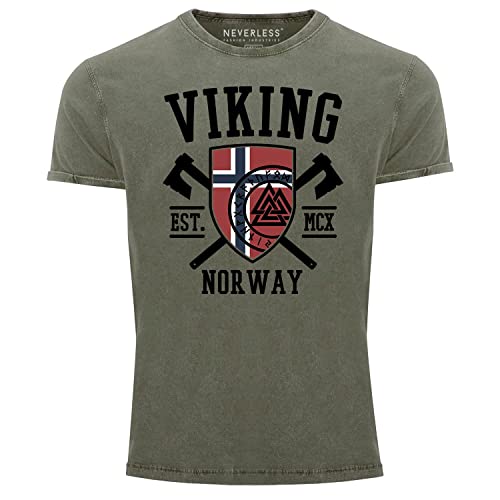 Neverless® Herren Vintage Shirt Viking Norway Norwegen Flagge Wikinger nordisch Printshirt T-Shirt Aufdruck Used Look Oliv L von Neverless