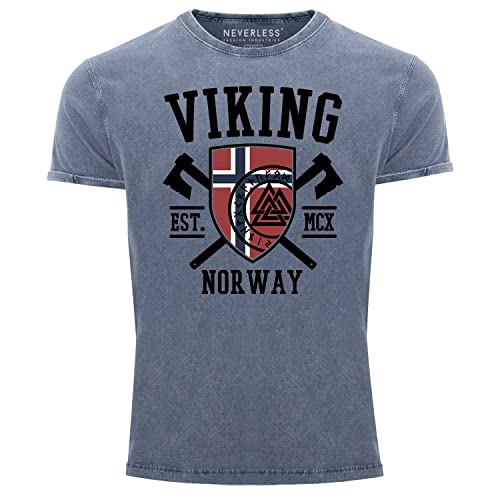 Neverless® Herren Vintage Shirt Viking Norway Norwegen Flagge Wikinger nordisch Printshirt T-Shirt Aufdruck Used Look blau S von Neverless