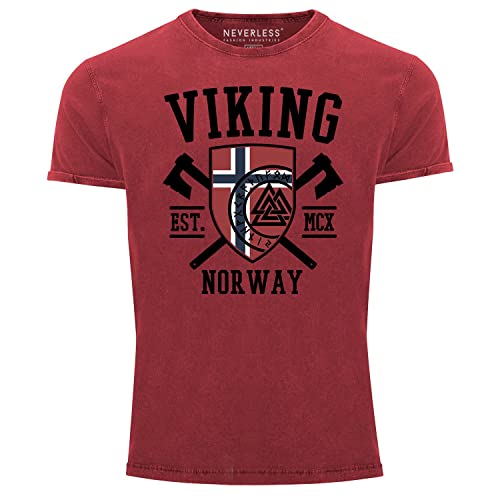 Neverless® Herren Vintage Shirt Viking Norway Norwegen Flagge Wikinger nordisch Printshirt T-Shirt Aufdruck Used Look rot L von Neverless