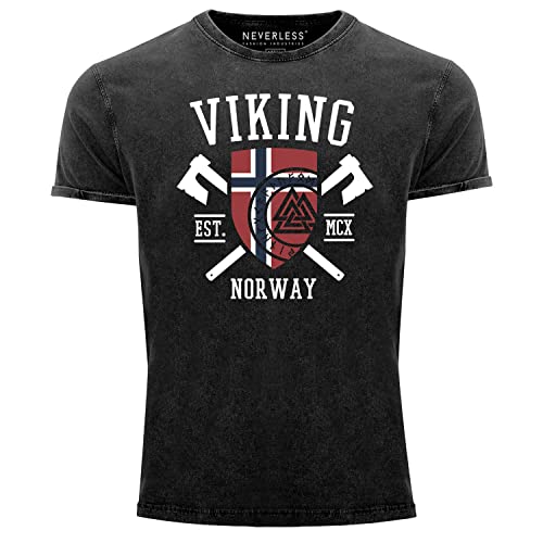 Neverless® Herren Vintage Shirt Viking Norway Norwegen Flagge Wikinger nordisch Printshirt T-Shirt Aufdruck Used Look schwarz L von Neverless