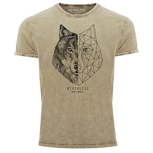 Neverless® Herren Vintage Shirt Wolf Polygon Kunst Grafik Tiermotiv Printshirt Printshirt T-Shirt Aufdruck Used Look Natur XL von Neverless